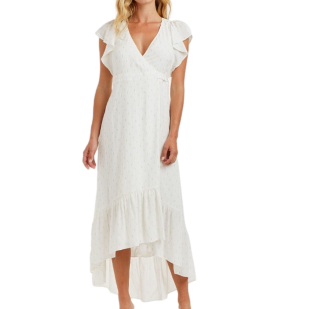 New DREW White Gold Detail‎ Ruffle Full Wrap High Low Maxi Drew Medium Romantic